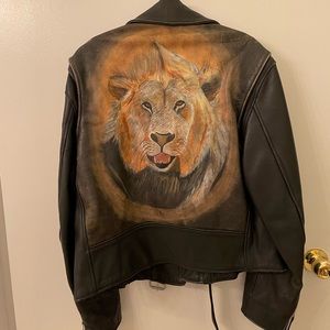 Vintage Large Leather Jacket with Hand Painted Lion